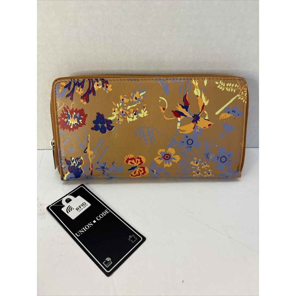 Union Code Wallet RFID Beige With Flowers Light Zip Around NEW With Tags